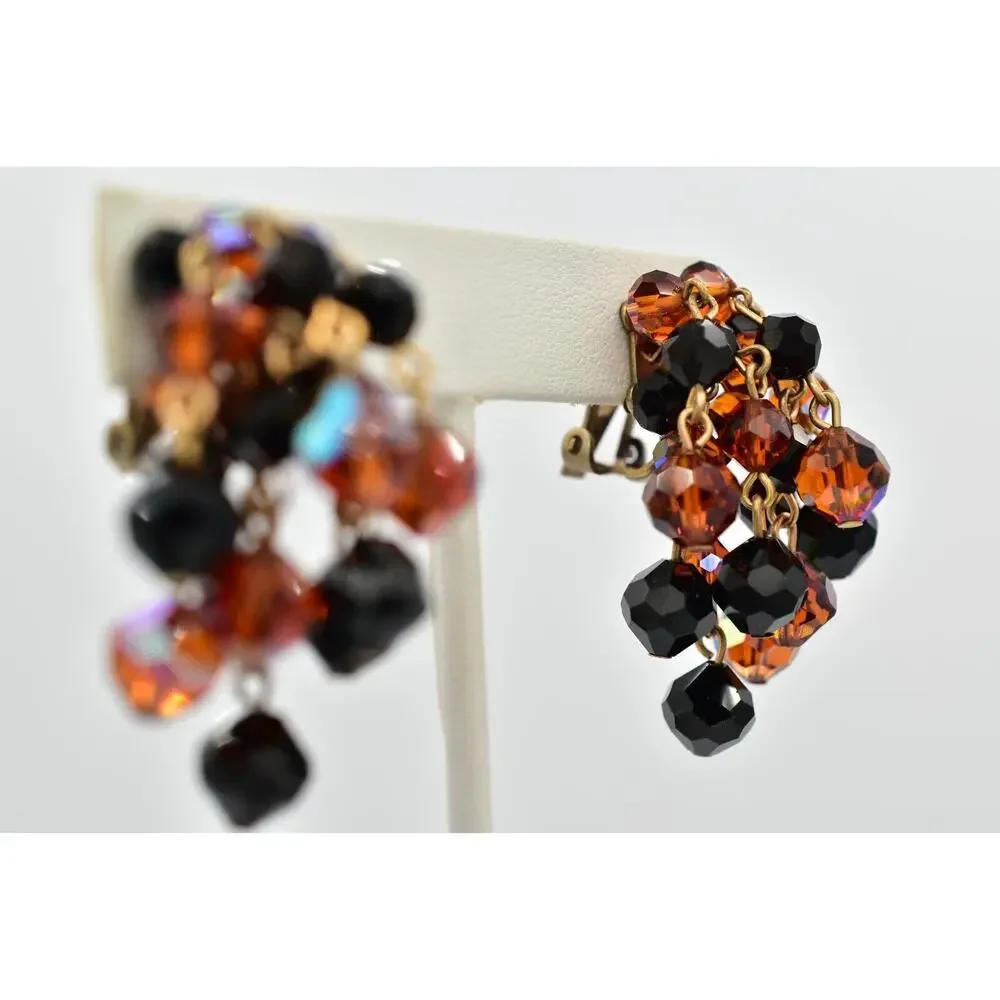 Laguna Vintage Clip On Crystal Earrings Chandelier Black Orange Signed 1950s A24